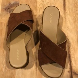 Brown suede wooden clogs/mules